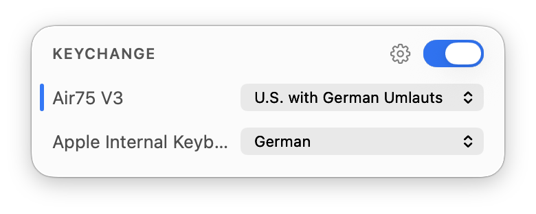 The Keychange popover listing two keyboards: Air75 V3 set to U.S. with German Umlauts, and the built-in keyboard set to German.